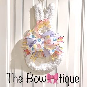 White Fluffy Yarn & Ribbon Bunny Wreath for Easter 19”L